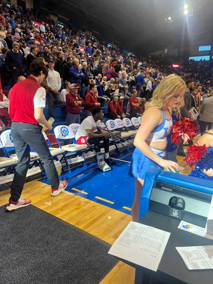 Indiana guard Xavier Johnson came out at halftime with a boot on his right foot. He needed crutches to walk across the floor. (Photo by Jack Ankony/HoosiersNow.com)